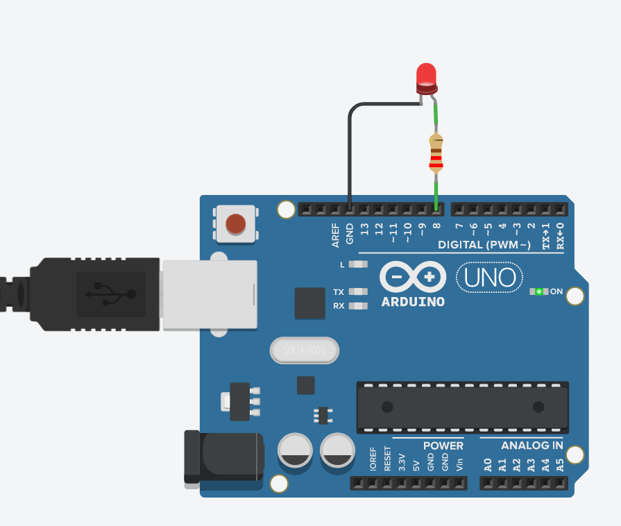 Arduino con un LED y una resistencia.