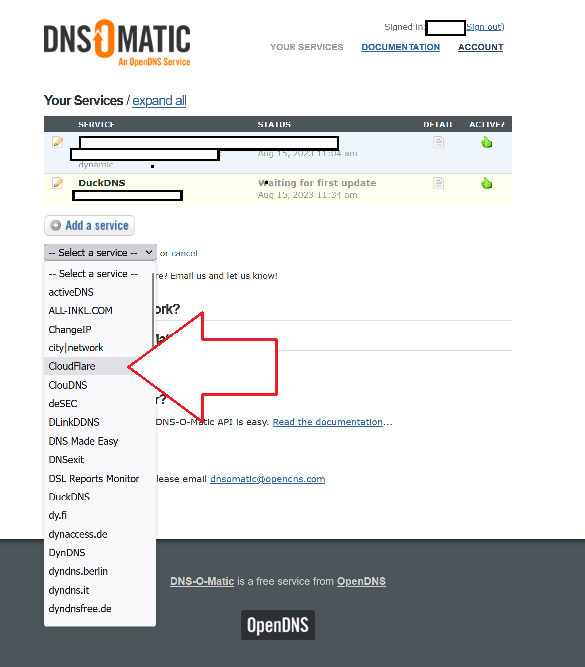 Añadimos un servicio de CloudFlare a DNS-O-Matic.