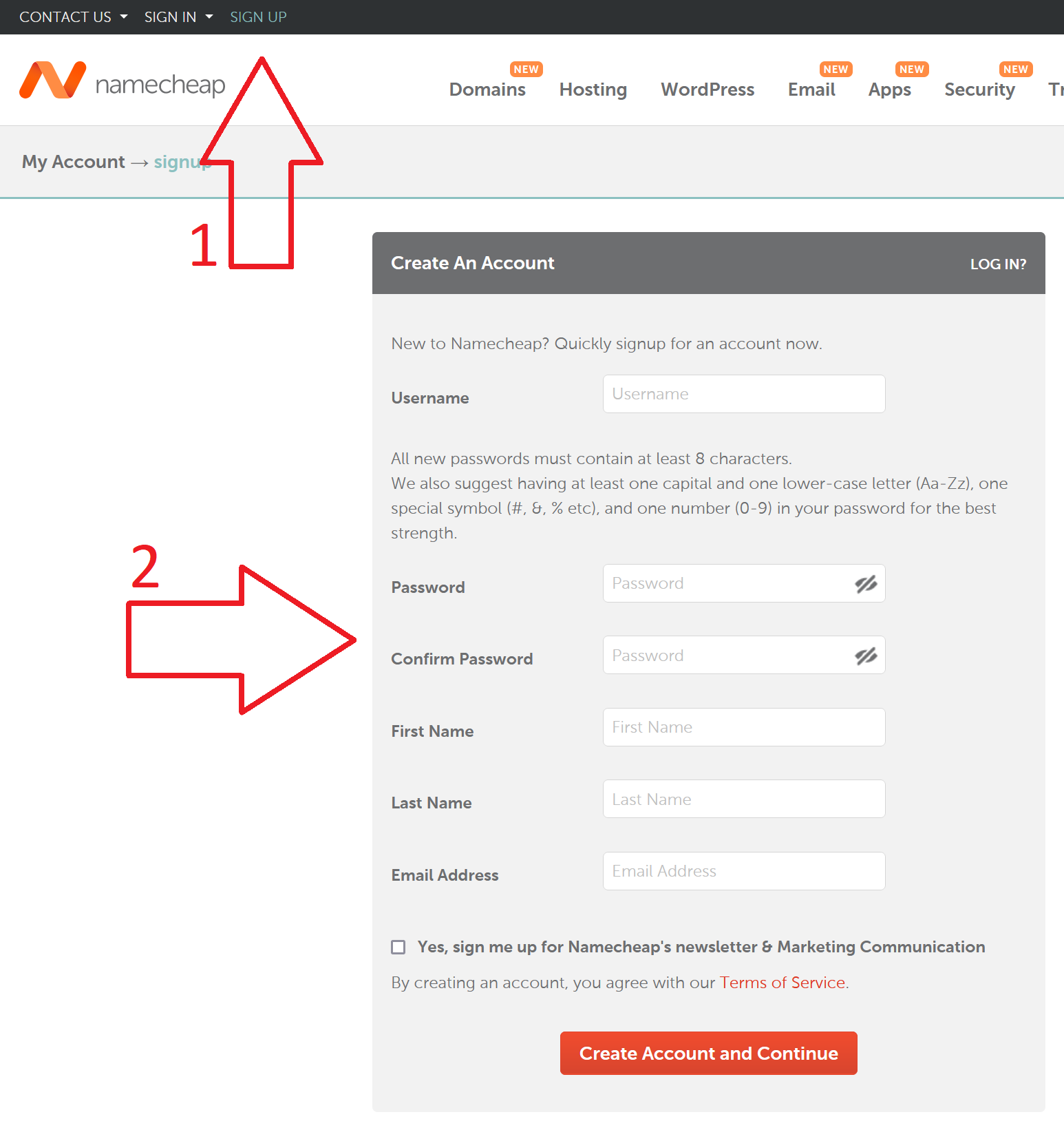 Página de registro de Namecheap