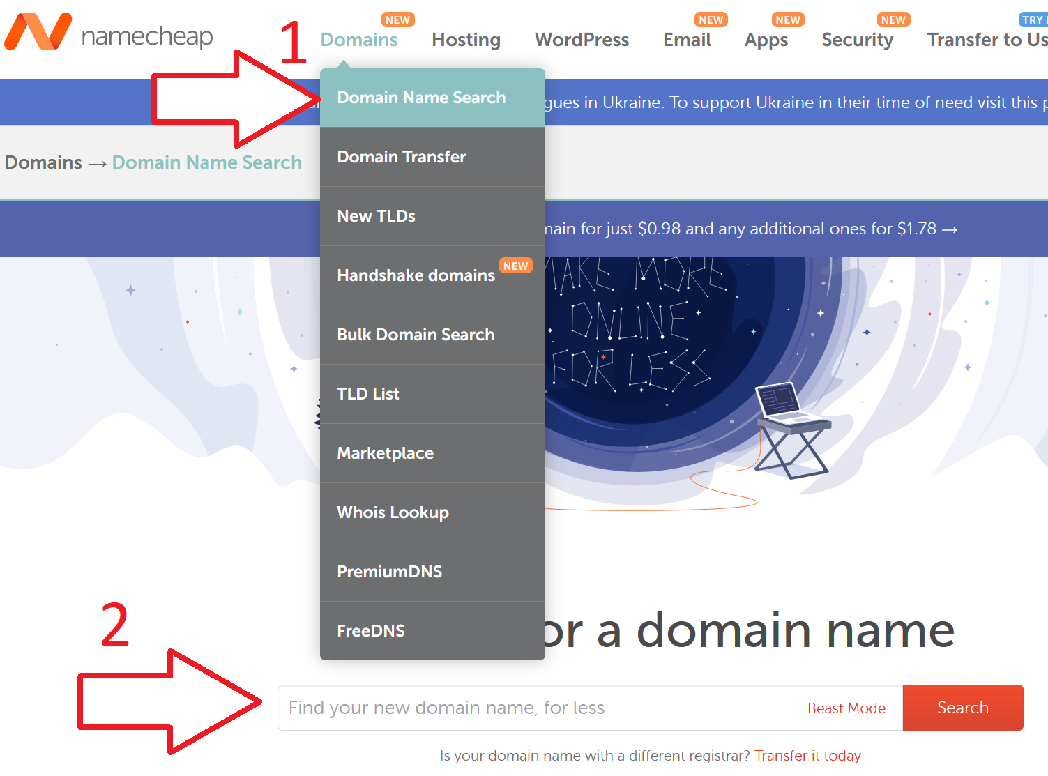 Página de búsqueda de dominio de Namecheap