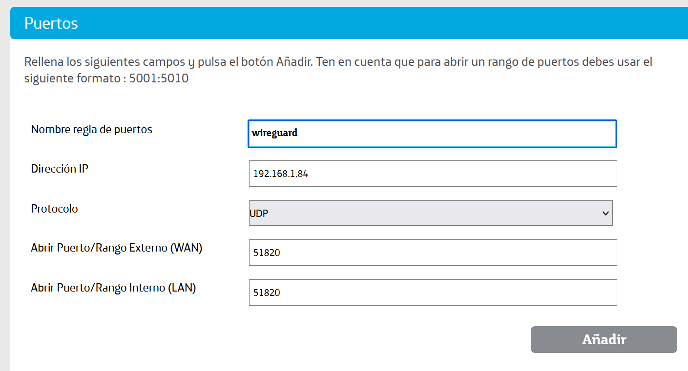 Diálogo de redireccionamiento de puertos del enrutador