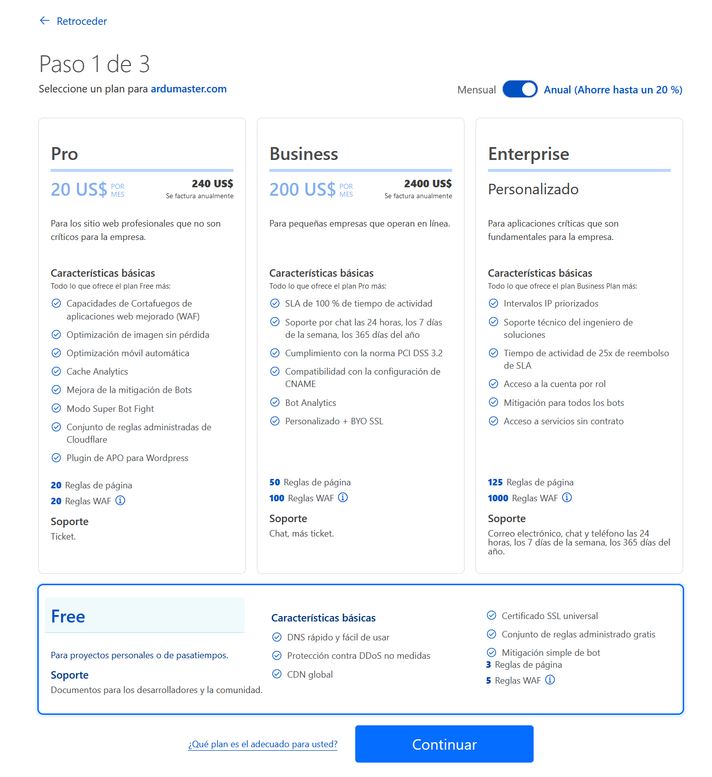 Seleccionamos el plan gratuito de Cloudflare.