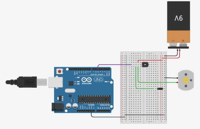 Controlamos un motor con la señal PWM del Arduino y un transistor NPN.