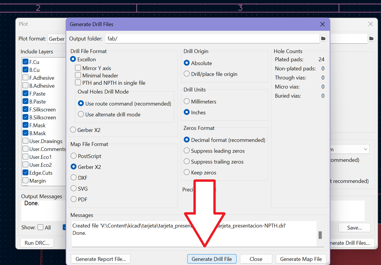 Menú de «Generate Drill Files» de KiCad.