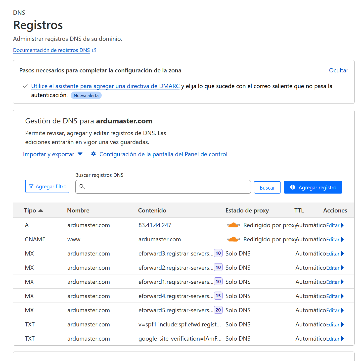 Los registros DNS de Ardumaster.com.