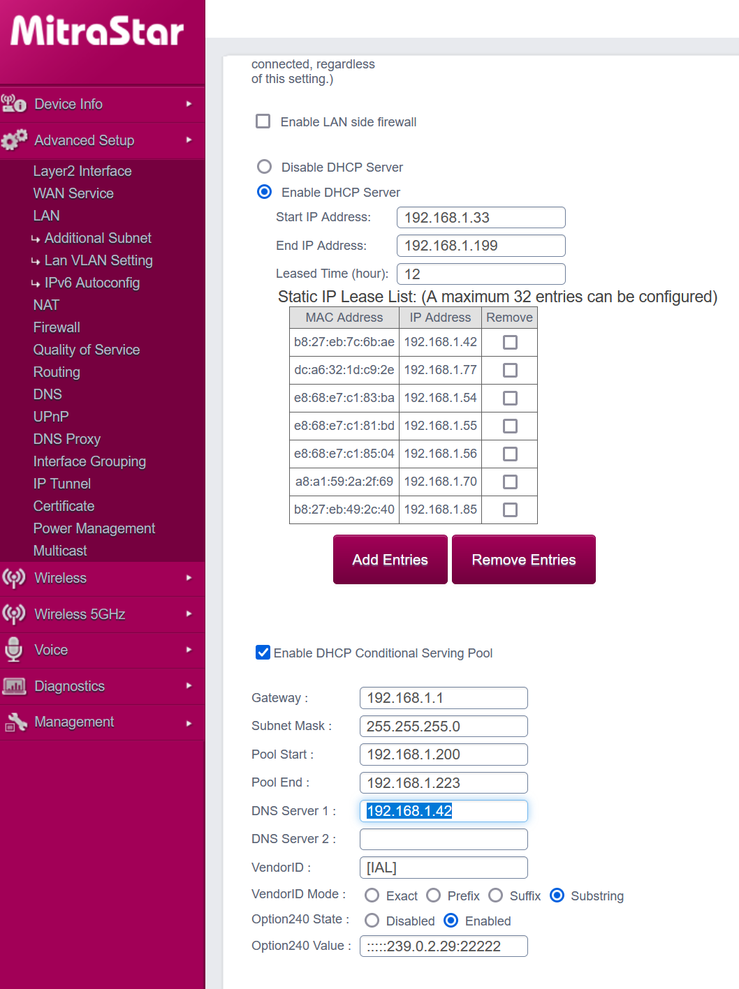 Página de configuración de LAN del enrutador